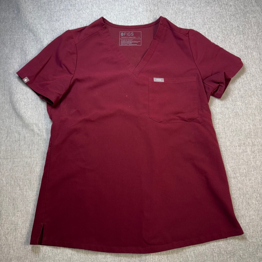 FIGS Catarina Scrub Top Burgundy Maroon V-Neck Short Sleeve Technical Small